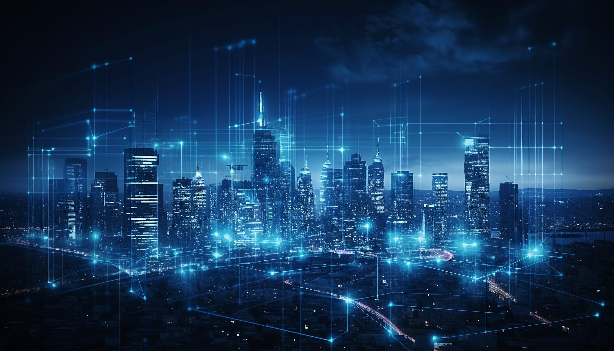 Vista aérea nocturna de una ciudad con una malla de conexiones de datos superpuesta